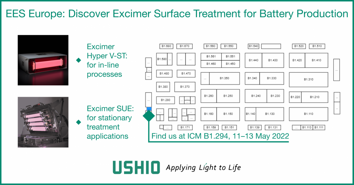 Join Ushio at ICM B1.294, 11–13 May 2022, to learn about the uses of excimer technology in electrical energy storage production - EES Europe 2022